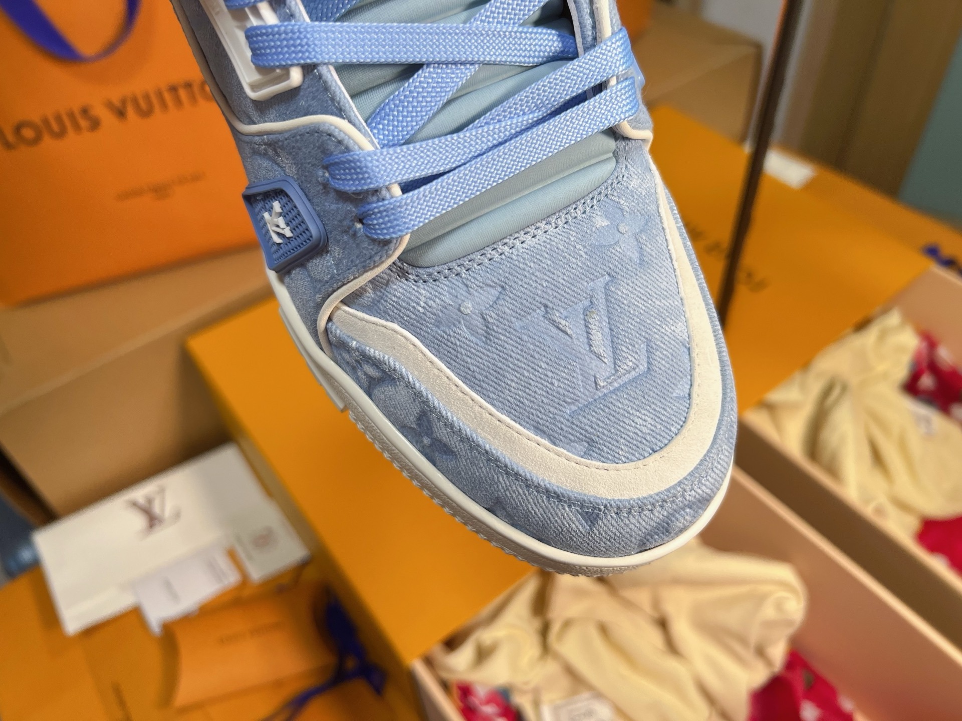 Blue Denim Print Skate Shoes Men Women Lace Up Flat Casual Sneakers