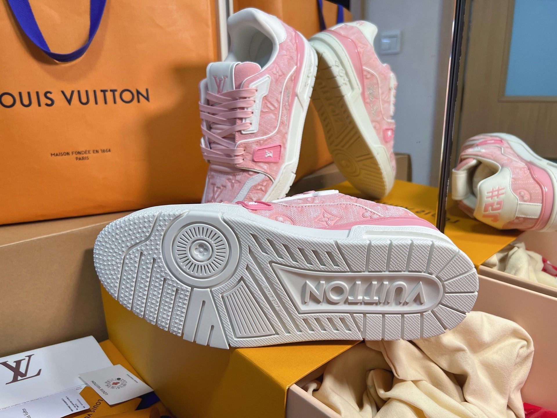 Pink Denim Print Skate Shoes Women Lace Up Flat Casual Sneakers