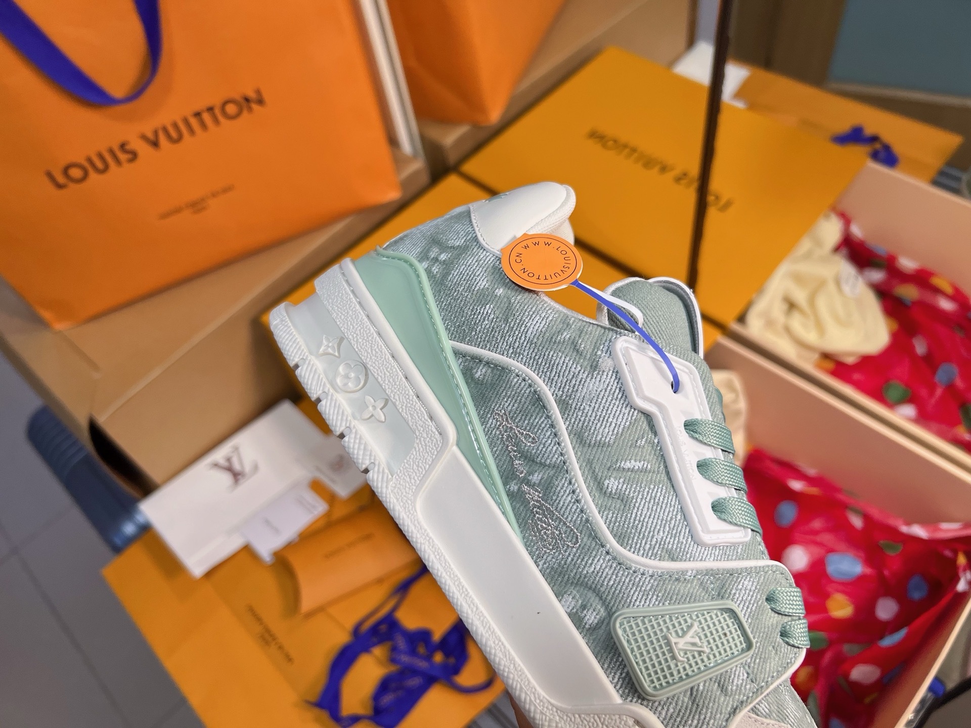 Light Green Denim Print Skate Shoes Unisex Lace Up Casual Sneakers