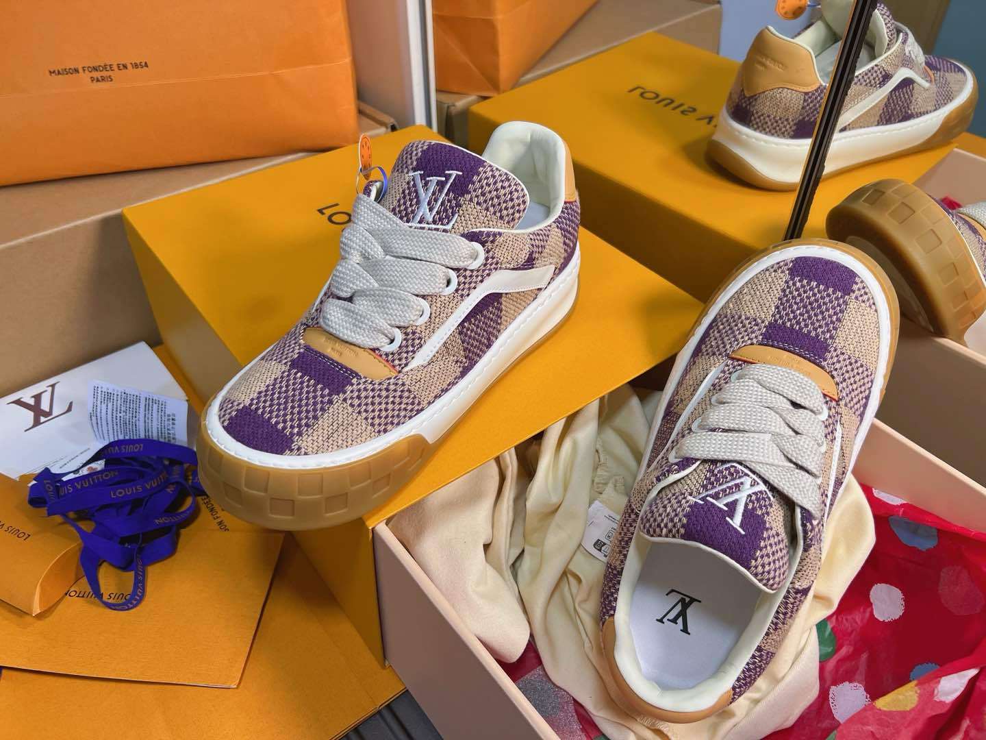 Purple Beige Plaid Knit Breathable Skate Shoes Unisex Lace Up Casual Sneakers