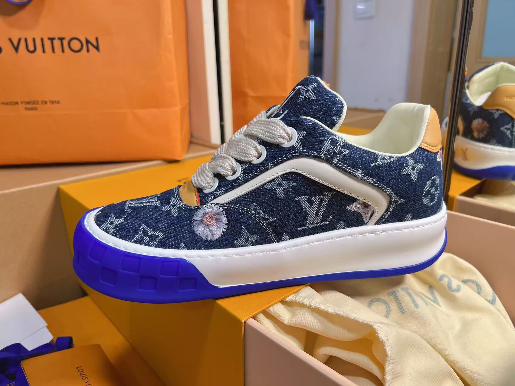 Dark Blue Denim Printed Skate Shoes Unisex Trendy Lace Up Casual Sneakers