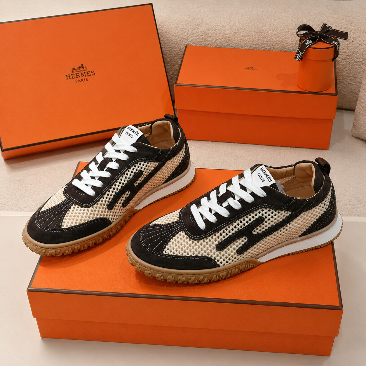 Hermès Casual Sneakers Coffee Beige Mesh SW-EV239