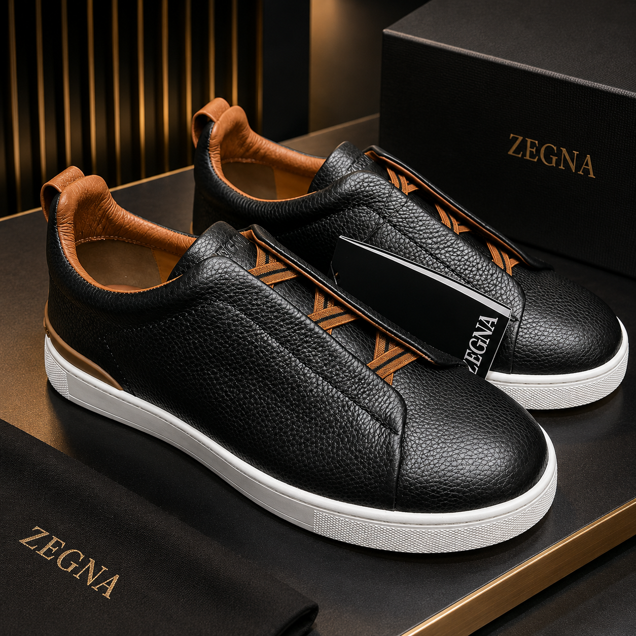 Zegna Triple Stitch Slip On Sneakers Black Leather Brown Details SW-SN048