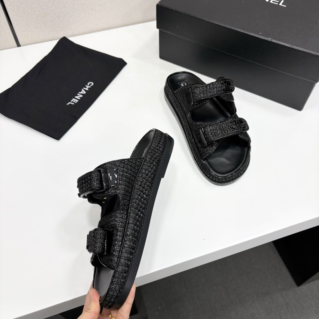 Chanel Slide Sandals Black Woven SW-EV215
