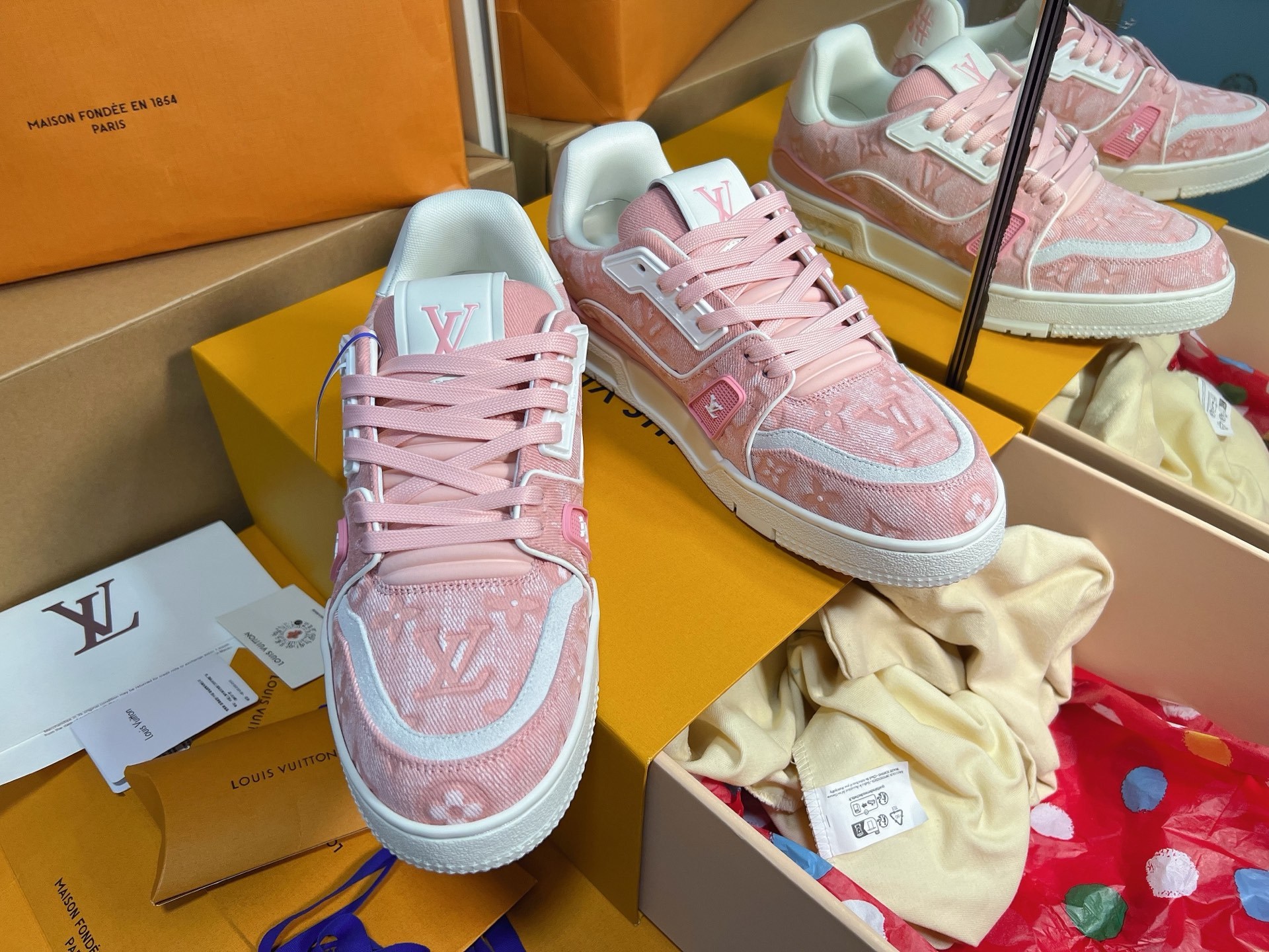 Pink Denim Print Skate Shoes Women Lace Up Flat Casual Sneakers