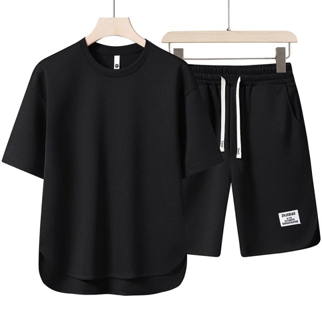 Summer Youth Premium Casual Sportswear Set – 2-Piece Short Sleeve T-Shirt & Shorts with Curved Hem,MAKO SOURCING,Summer Youth Premium Casual Sportswear Set – 2-Piece T-Shirt & Shorts for Men | MAKO