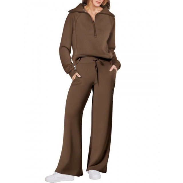 Women's Fall/Winter Fashion Sportswear Set – Zip-Up Long Sleeve Hoodie & Wide-Leg Pants 2-Piece Outfit,MAKO SOURCING,Women's Fall/Winter Sportswear Set – Zip-Up Hoodie & Wide-Leg Pants 2-Piece Outfit | MAKO