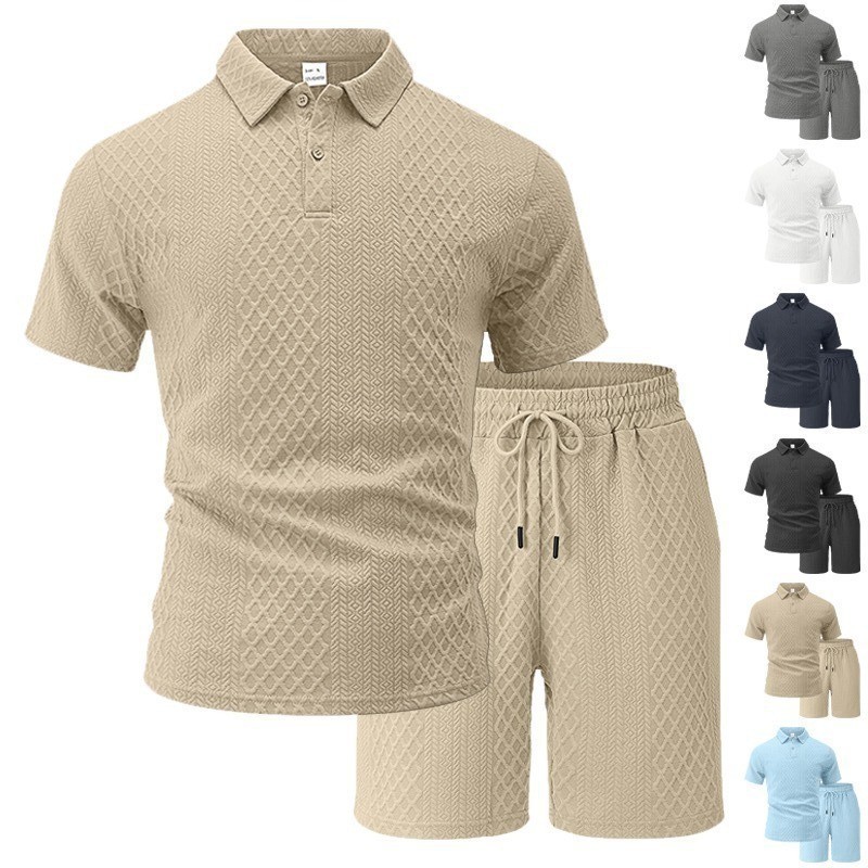 Men's Summer Polo Shirt Set – Short Sleeve Jacquard Fabric Sports Casual 2-Piece Outfit,MAKO SOURCING,Men's Summer Polo Shirt Set – Jacquard Fabric Short Sleeve Casual 2-Piece Outfit | MAKO