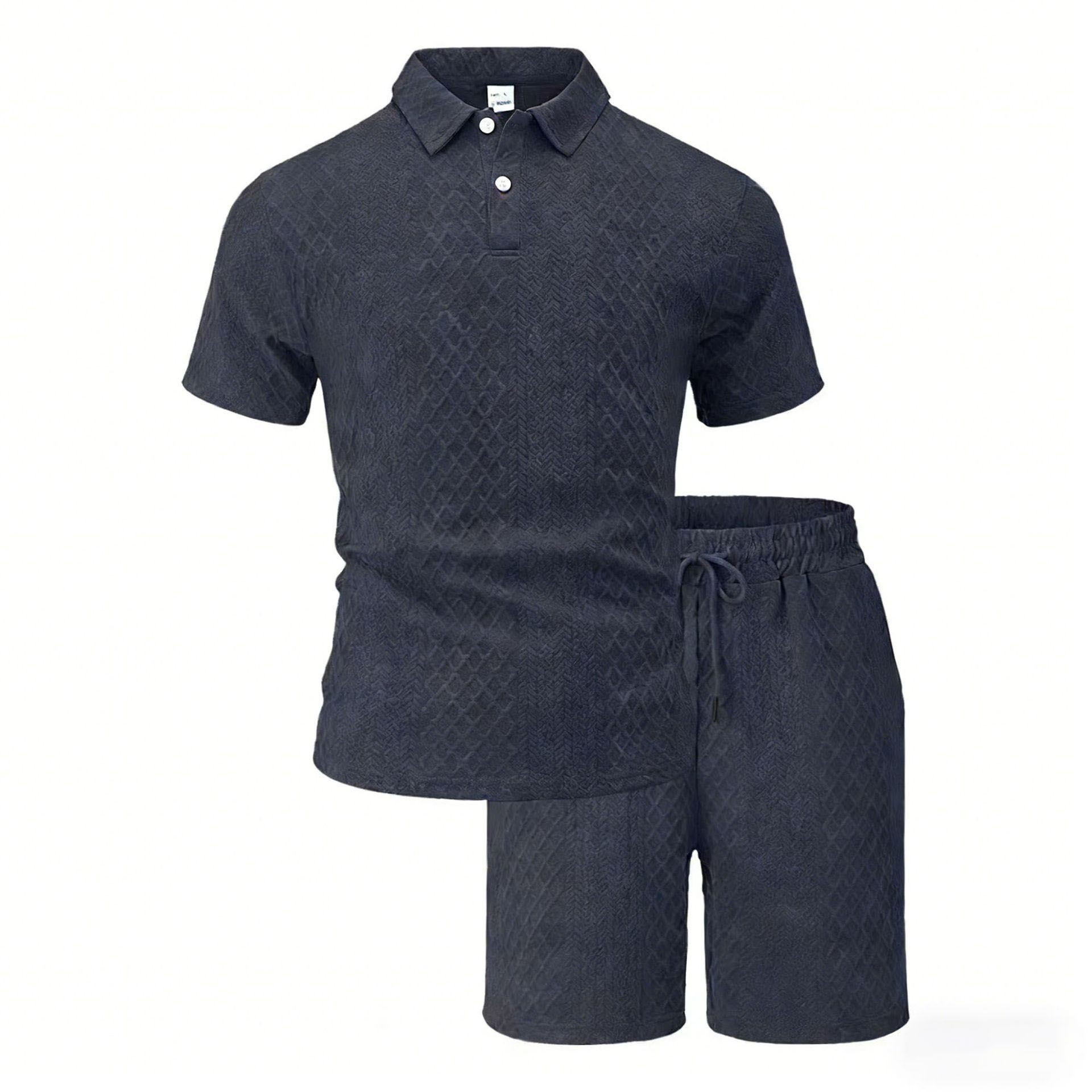 Men's Summer Polo Shirt Set – Short Sleeve Jacquard Fabric Sports Casual 2-Piece Outfit,MAKO SOURCING,Men's Summer Polo Shirt Set – Jacquard Fabric Short Sleeve Casual 2-Piece Outfit | MAKO