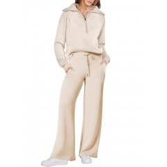 Women's Fall/Winter Fashion Sportswear Set – Zip-Up Long Sleeve Hoodie & Wide-Leg Pants 2-Piece Outfit,MAKO SOURCING,Women's Fall/Winter Sportswear Set – Zip-Up Hoodie & Wide-Leg Pants 2-Piece Outfit | MAKO