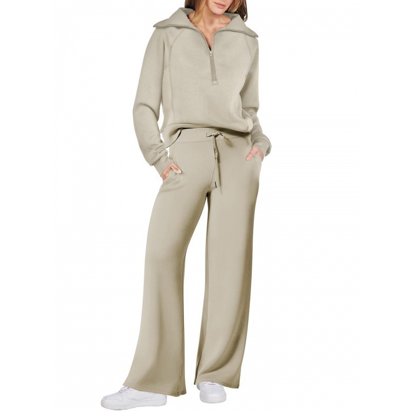 Women's Fall/Winter Fashion Sportswear Set – Zip-Up Long Sleeve Hoodie & Wide-Leg Pants 2-Piece Outfit,MAKO SOURCING,Women's Fall/Winter Sportswear Set – Zip-Up Hoodie & Wide-Leg Pants 2-Piece Outfit | MAKO
