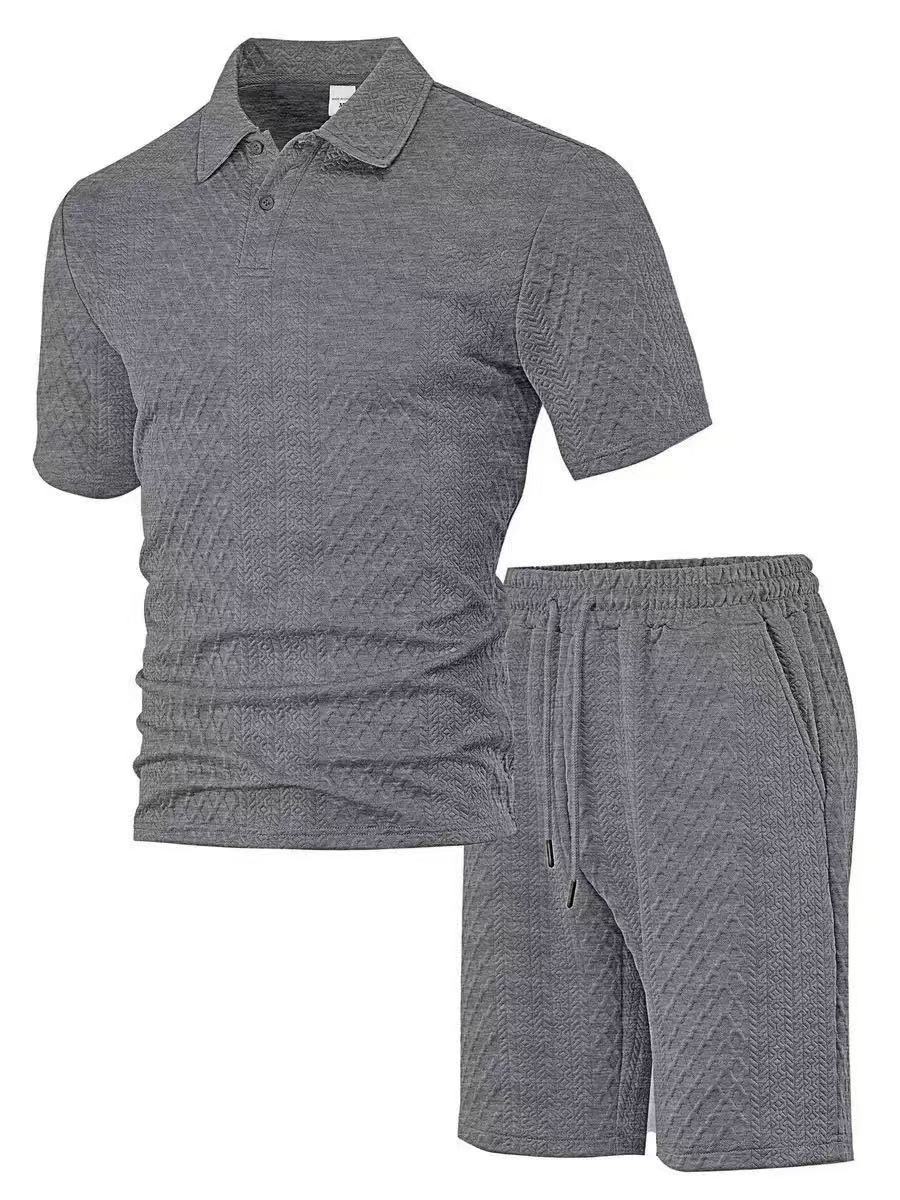 Men's Summer Polo Shirt Set – Short Sleeve Jacquard Fabric Sports Casual 2-Piece Outfit,MAKO SOURCING,Men's Summer Polo Shirt Set – Jacquard Fabric Short Sleeve Casual 2-Piece Outfit | MAKO