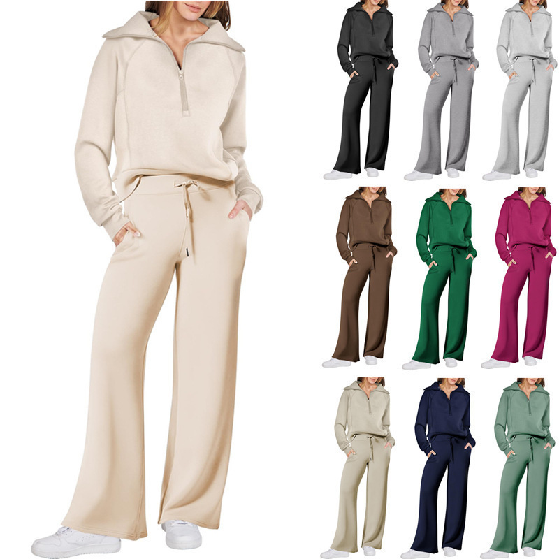 Women's Fall/Winter Fashion Sportswear Set – Zip-Up Long Sleeve Hoodie & Wide-Leg Pants 2-Piece Outfit,MAKO SOURCING,Women's Fall/Winter Sportswear Set – Zip-Up Hoodie & Wide-Leg Pants 2-Piece Outfit | MAKO
