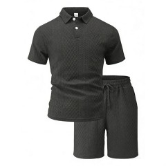 Men's Summer Polo Shirt Set – Short Sleeve Jacquard Fabric Sports Casual 2-Piece Outfit,MAKO SOURCING,Men's Summer Polo Shirt Set – Jacquard Fabric Short Sleeve Casual 2-Piece Outfit | MAKO