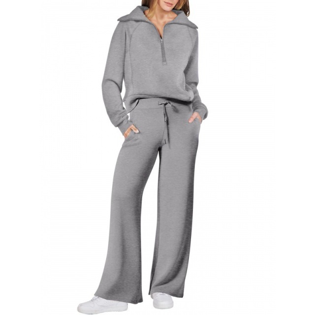 Women's Fall/Winter Fashion Sportswear Set – Zip-Up Long Sleeve Hoodie & Wide-Leg Pants 2-Piece Outfit,MAKO SOURCING,Women's Fall/Winter Sportswear Set – Zip-Up Hoodie & Wide-Leg Pants 2-Piece Outfit | MAKO