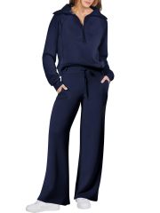 Women's Fall/Winter Fashion Sportswear Set – Zip-Up Long Sleeve Hoodie & Wide-Leg Pants 2-Piece Outfit,MAKO SOURCING,Women's Fall/Winter Sportswear Set – Zip-Up Hoodie & Wide-Leg Pants 2-Piece Outfit | MAKO