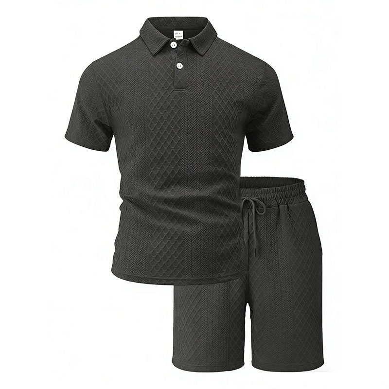 Men's Summer Polo Shirt Set – Short Sleeve Jacquard Fabric Sports Casual 2-Piece Outfit,MAKO SOURCING,Men's Summer Polo Shirt Set – Jacquard Fabric Short Sleeve Casual 2-Piece Outfit | MAKO