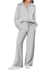 Women's Fall/Winter Fashion Sportswear Set – Zip-Up Long Sleeve Hoodie & Wide-Leg Pants 2-Piece Outfit,MAKO SOURCING,Women's Fall/Winter Sportswear Set – Zip-Up Hoodie & Wide-Leg Pants 2-Piece Outfit | MAKO