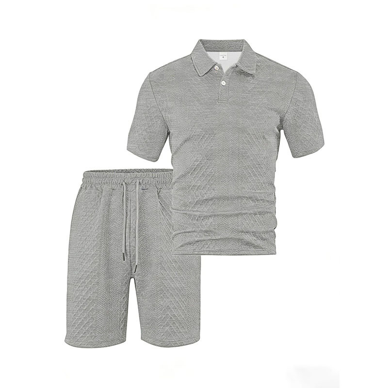 Men's Summer Polo Shirt Set – Short Sleeve Jacquard Fabric Sports Casual 2-Piece Outfit,MAKO SOURCING,Men's Summer Polo Shirt Set – Jacquard Fabric Short Sleeve Casual 2-Piece Outfit | MAKO