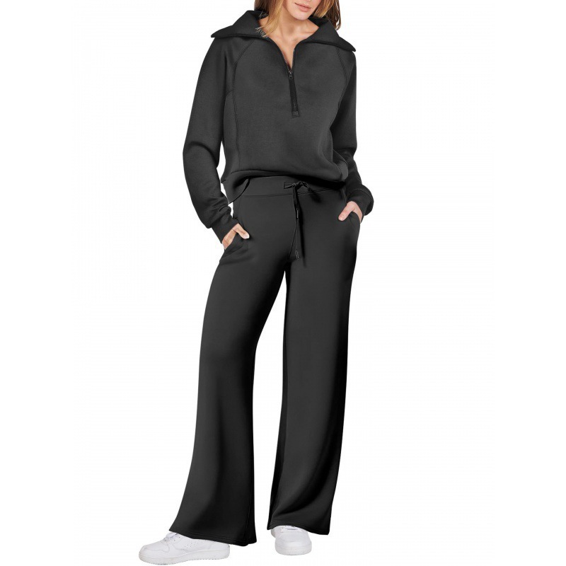Women's Fall/Winter Fashion Sportswear Set – Zip-Up Long Sleeve Hoodie & Wide-Leg Pants 2-Piece Outfit,MAKO SOURCING,Women's Fall/Winter Sportswear Set – Zip-Up Hoodie & Wide-Leg Pants 2-Piece Outfit | MAKO
