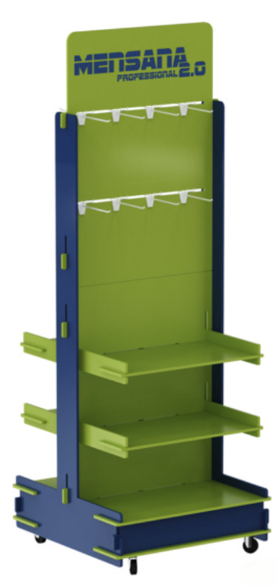 Easy-Assembly 3-Tier Wooden Display Rack with Wheels and Metal Hooks,Beverage Promo Solutions,Easy-Assembly 3-Tier Wooden Display Rack with Wheels and Metal Hooks