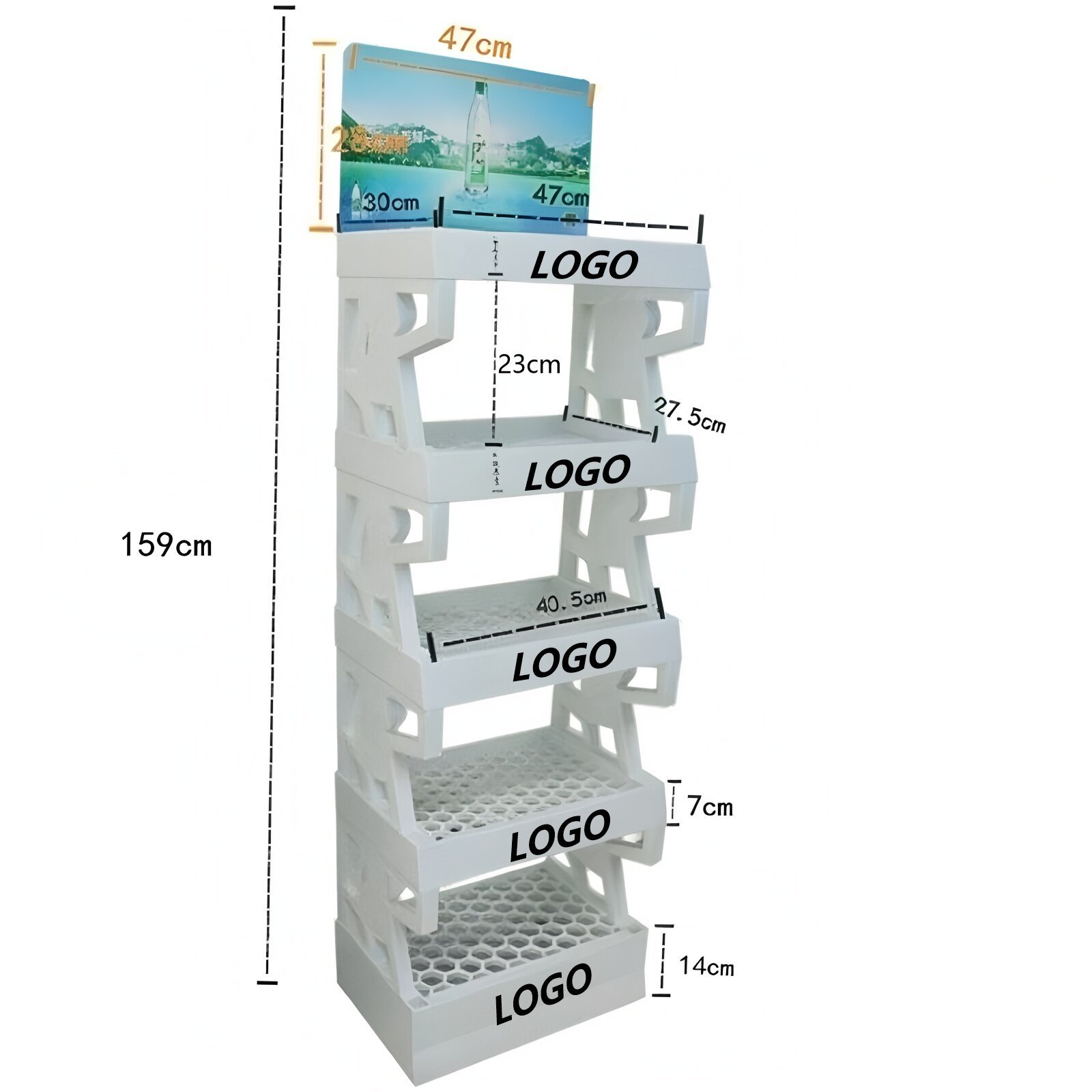 5‑Tier Plastic Floor Display Rack With Advertising Header,Beverage Promo Solutions,5-Tier Plastic Display Rack