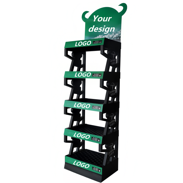 5‑Tier Plastic Floor Display Rack With Custom Die‑cut Header,Beverage Promo Solutions,5-Tier Plastic Display Rack