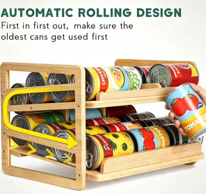 Wooden Double Layer Rolling Can Organizer Rack,Beverage Promo Solutions,Wooden Double Layer Rolling Can Organizer Rack