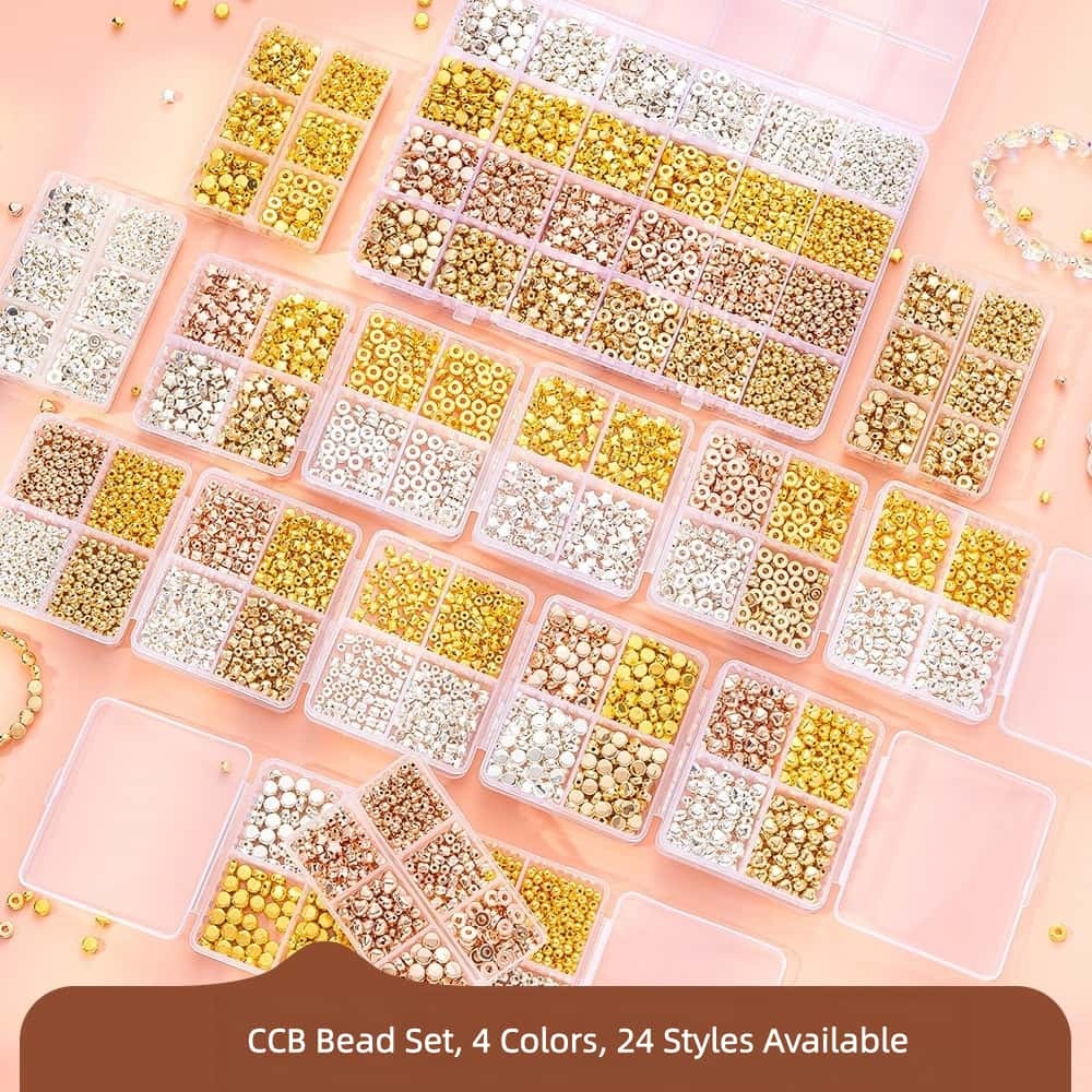200/350/2160Pcs Alloy Spacer Beads, Flat Round, Gold & Silver Electroplated, Lead Free & Cadmium Free, 4/6/chnegy24‑Grid Storage Box, DIY Bracelet Jewelry‑Making Accessories