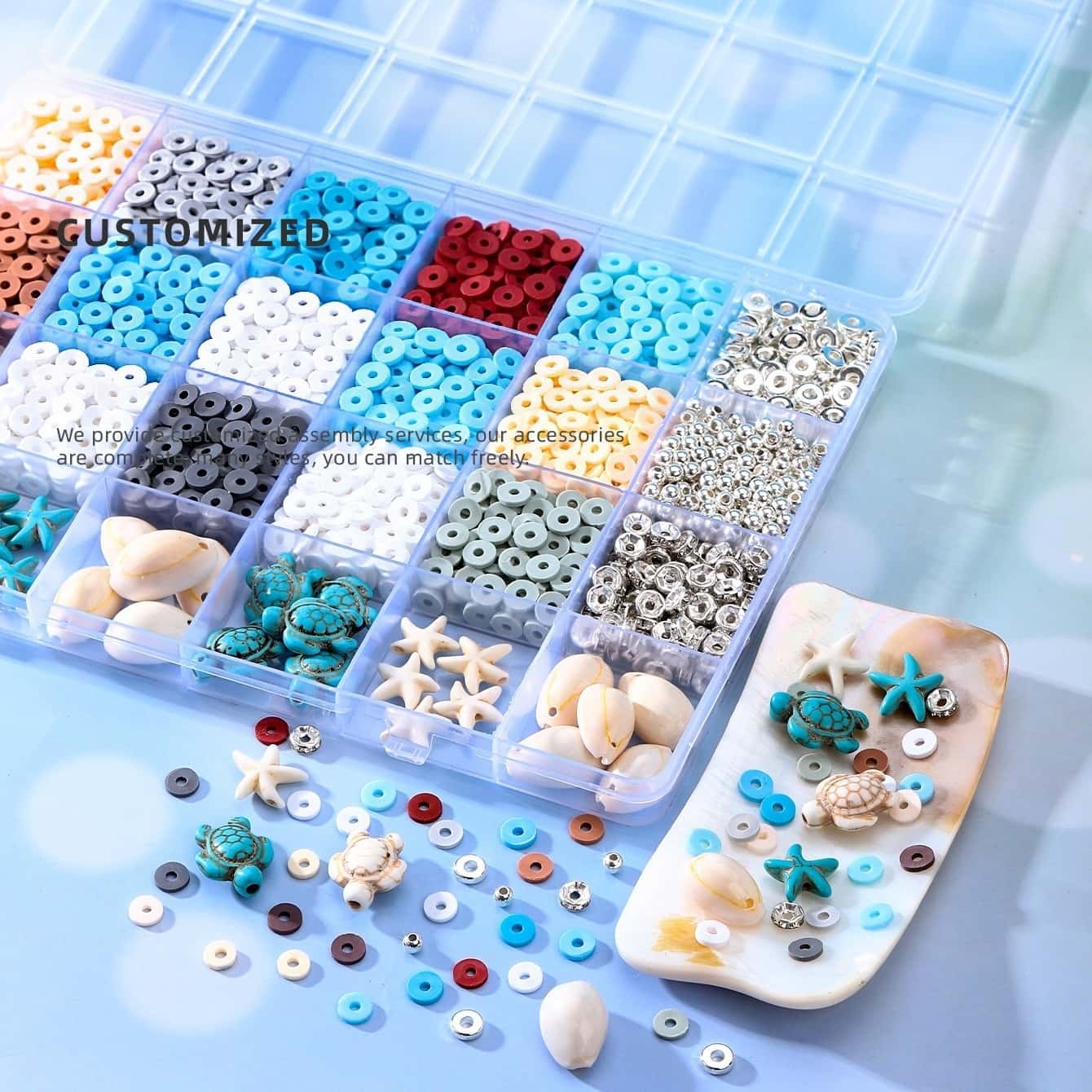 Polymer Clay Bead, Ocean Beach Series, 24‑Grid Storage Box, DIY Bracelet, Necklace Jewelry‑Making Supplies Kit