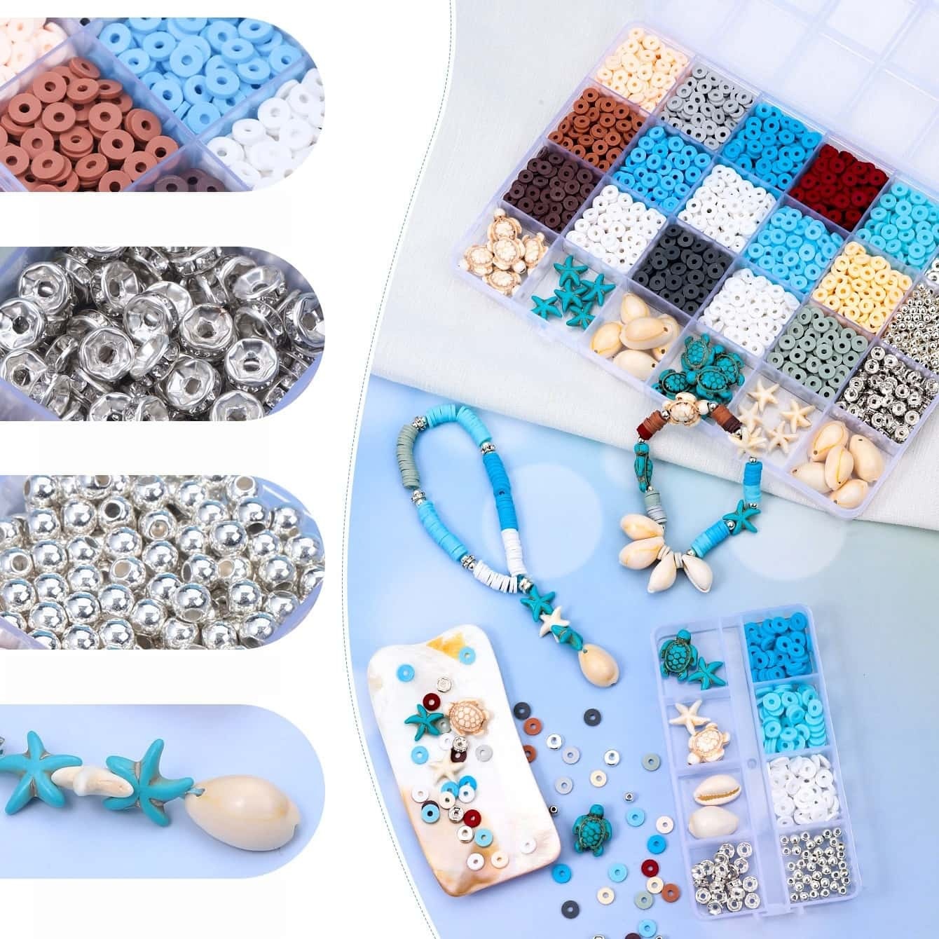 Polymer Clay Bead, Ocean Beach Series, 24‑Grid Storage Box, DIY Bracelet, Necklace Jewelry‑Making Supplies Kit