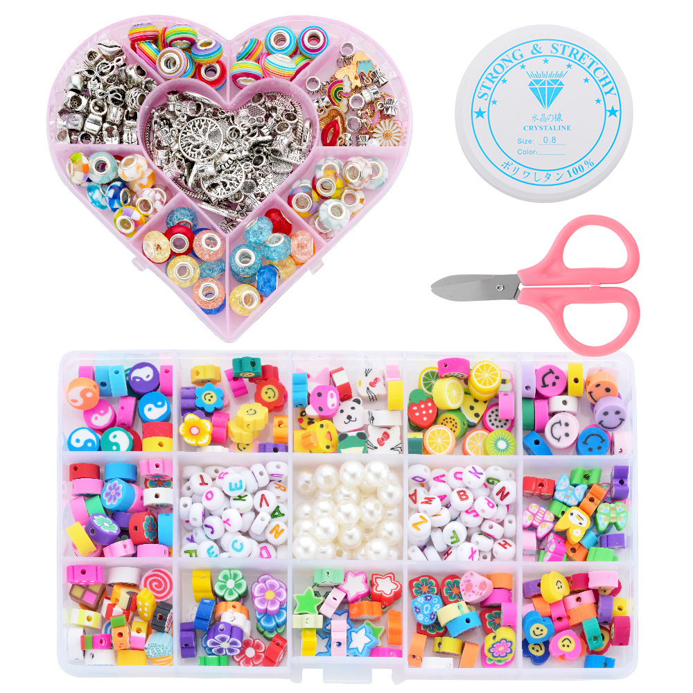 Cartoon Large?Hole Beads, Polymer Clay & PVC Material,Heart?Shaped 9?Grid/15?Grid Storage Box,Kids DIY Bracelet Jewelry?Making Supplies