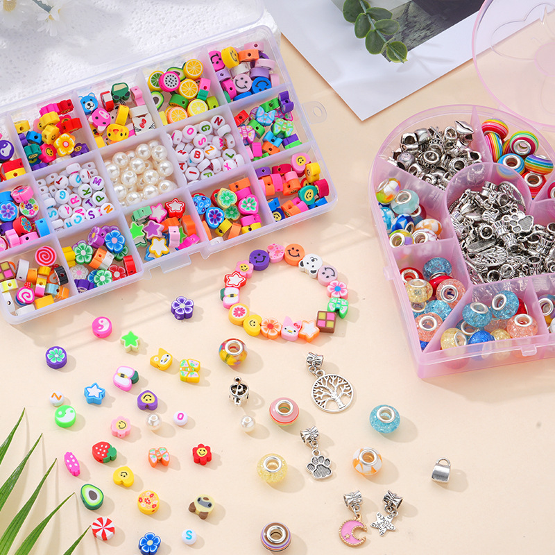 Cartoon Large?Hole Beads, Polymer Clay & PVC Material,Heart?Shaped 9?Grid/15?Grid Storage Box,Kids DIY Bracelet Jewelry?Making Supplies
