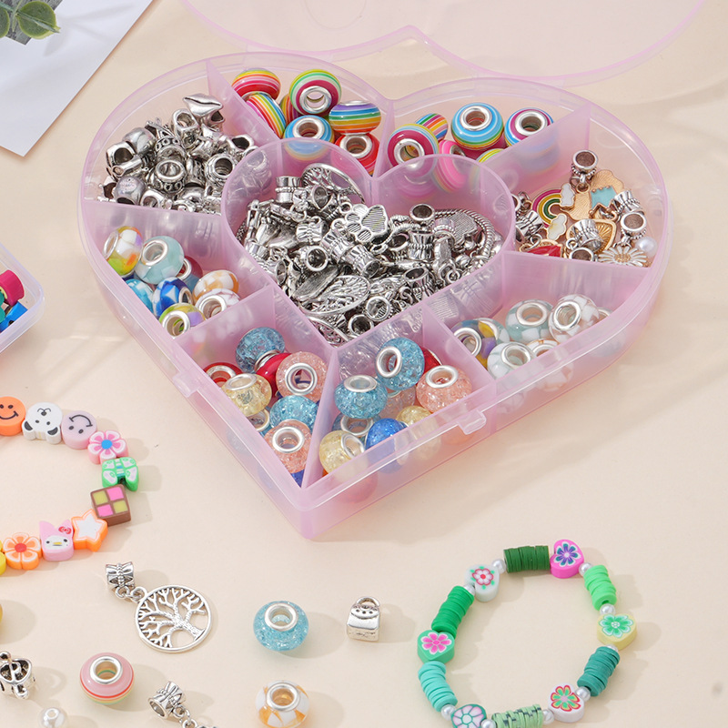 Cartoon Large?Hole Beads, Polymer Clay & PVC Material,Heart?Shaped 9?Grid/15?Grid Storage Box,Kids DIY Bracelet Jewelry?Making Supplies