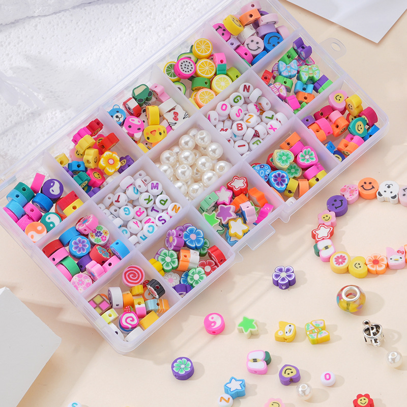 Cartoon Large?Hole Beads, Polymer Clay & PVC Material,Heart?Shaped 9?Grid/15?Grid Storage Box,Kids DIY Bracelet Jewelry?Making Supplies