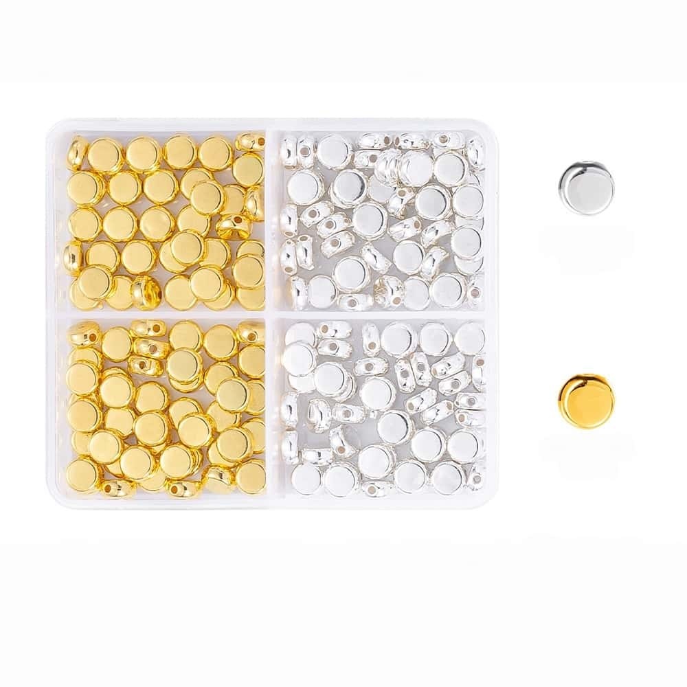 200/350/2160Pcs Alloy Spacer Beads, Flat Round, Gold & Silver Electroplated, Lead Free & Cadmium Free, 4/6/chnegy24‑Grid Storage Box, DIY Bracelet Jewelry‑Making Accessories