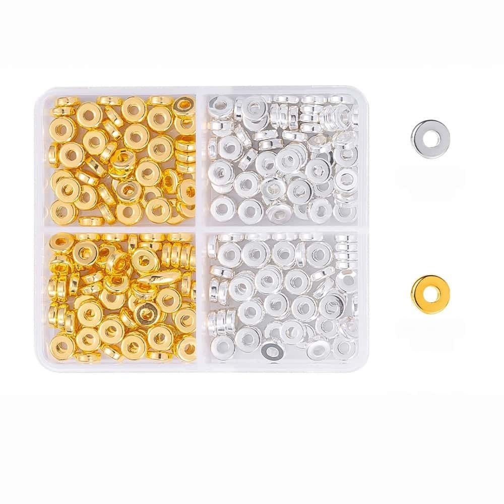 200/350/2160Pcs Alloy Spacer Beads, Flat Round, Gold & Silver Electroplated, Lead Free & Cadmium Free, 4/6/chnegy24‑Grid Storage Box, DIY Bracelet Jewelry‑Making Accessories