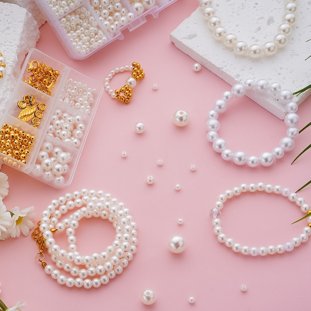 ABS Round Pearl Beads Kit,4‑12mm Mixed Sizes,about 370Pcs/box,10‑Grid Storage Box,DIY Handmade Jewelry‑Making Accessories