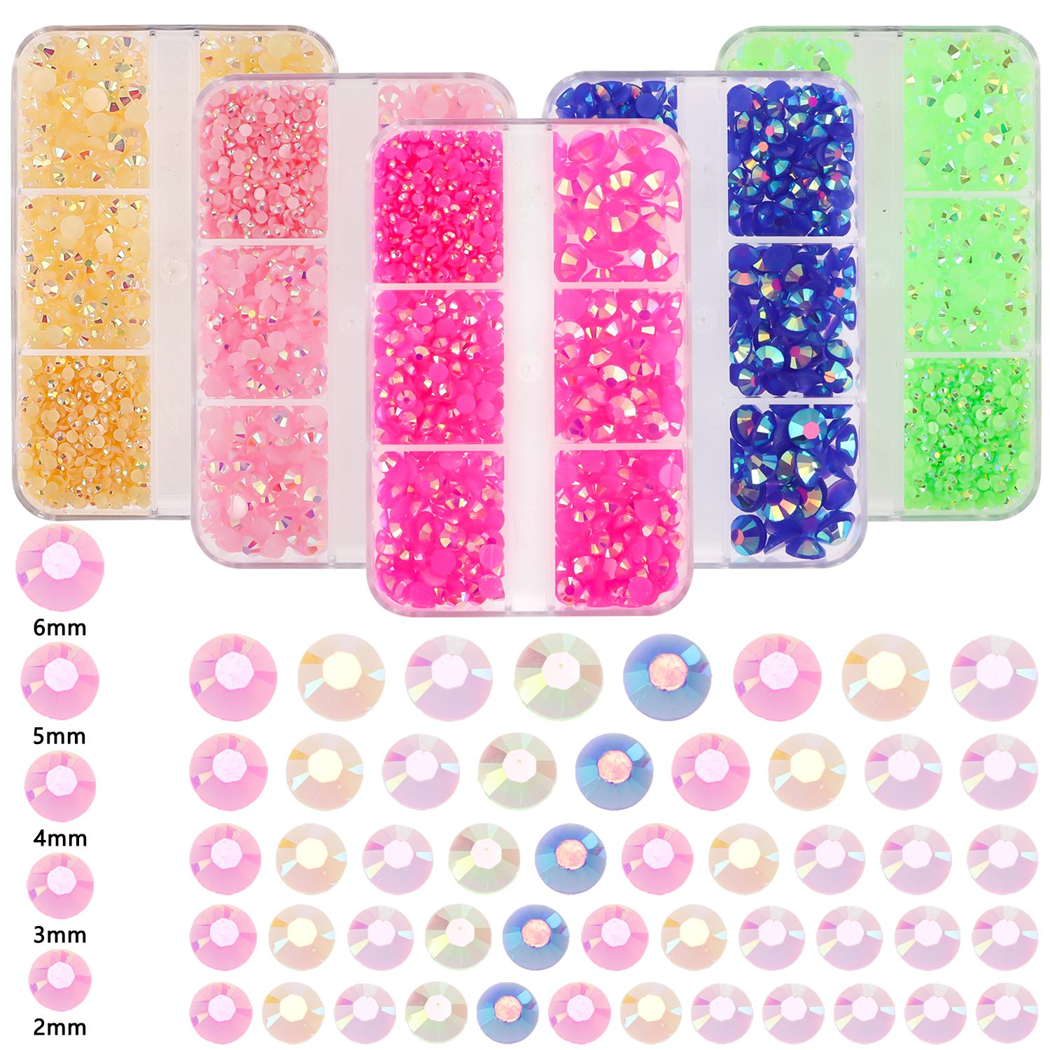 6-Grid Jelly Rhinestones Set with Rhinestone Picker Pen & Glue, for Nail Art Decoration & DIY Crafts, 9.5x8.5x1.3cm, 0.034kg