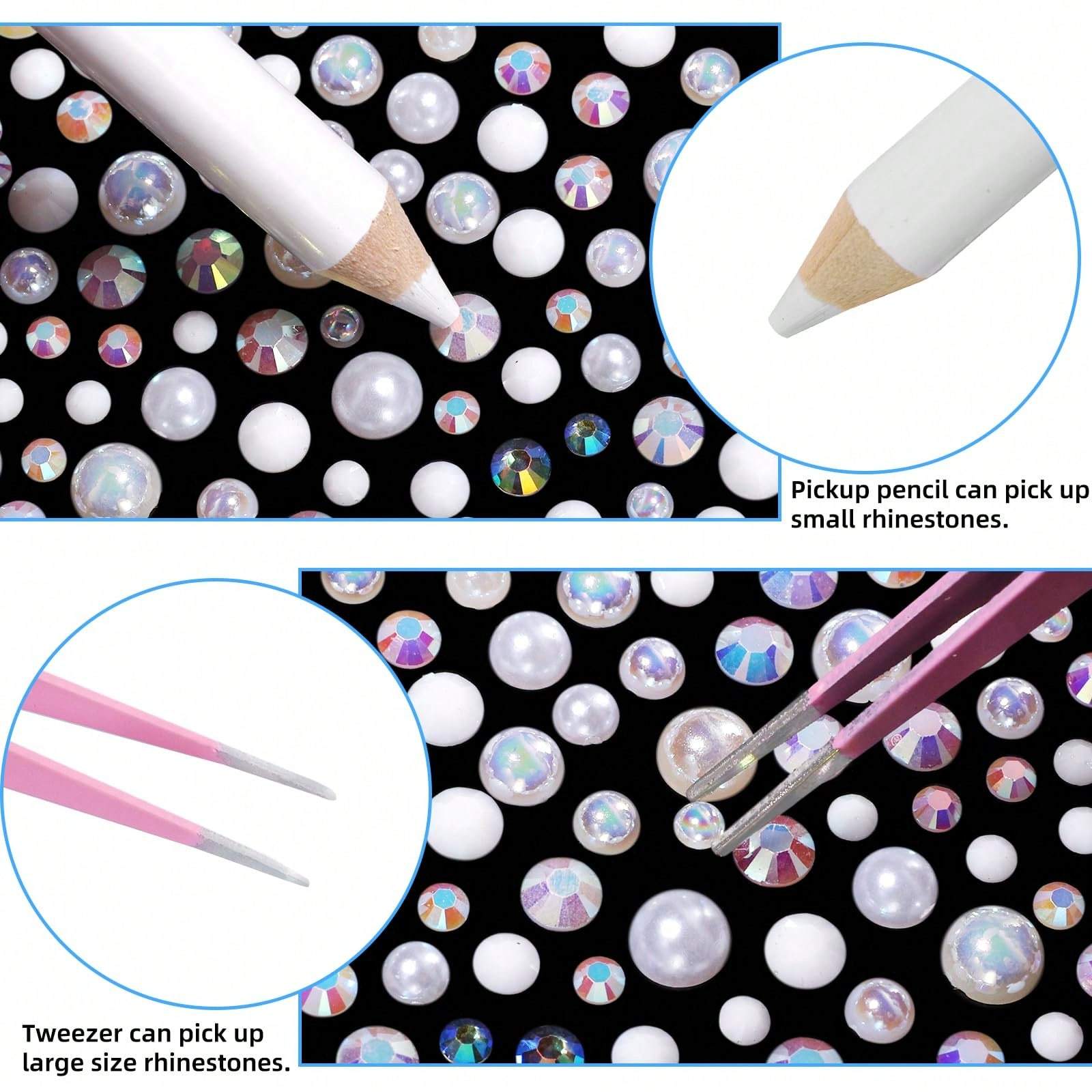 Resin Rhinestones & Half Round Pearls, White Glossy, For Nail Art Decoration & DIY Crafts, 15 Grid Box, Matching Dotting Pen and Tweezers