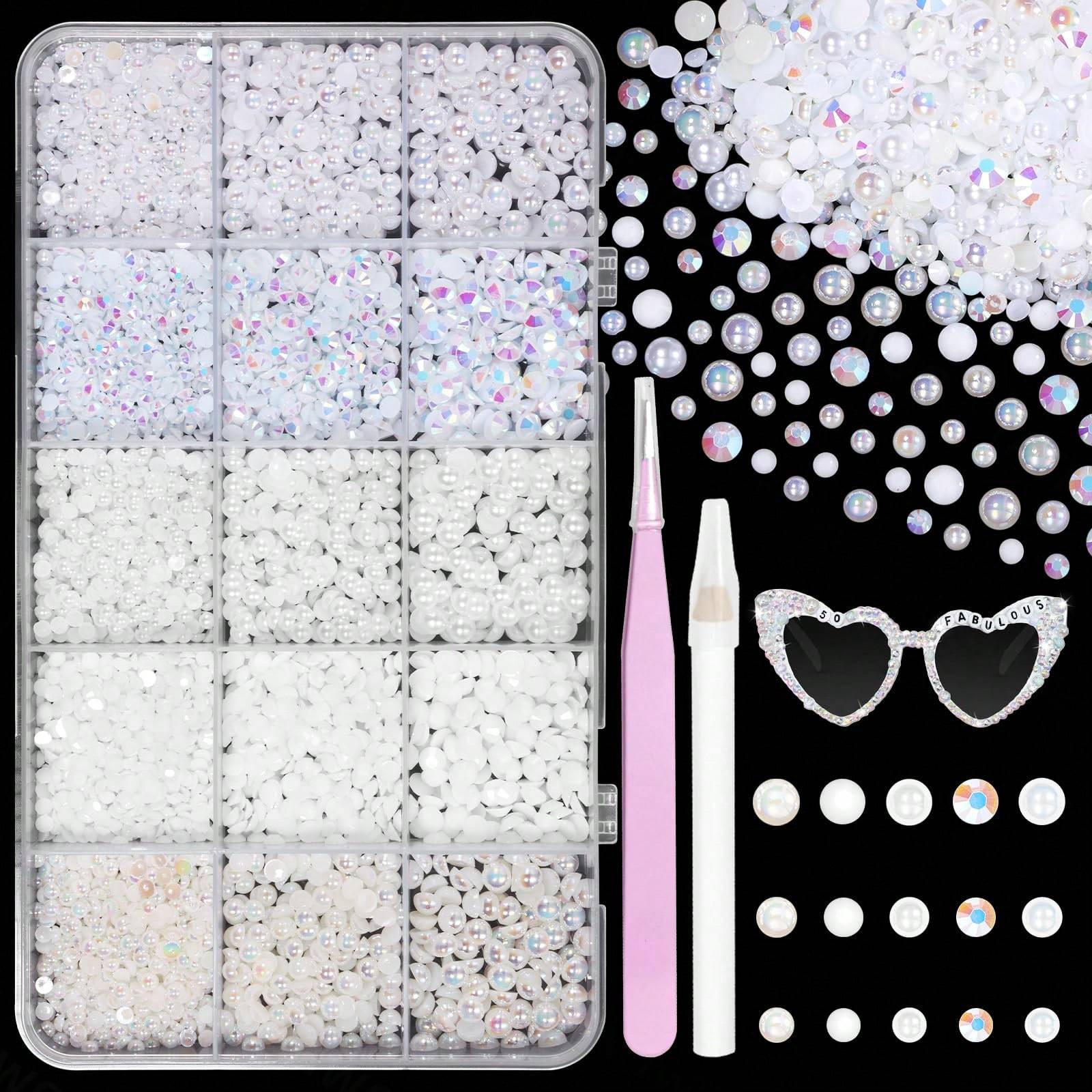 Resin Rhinestones & Half Round Pearls, White Glossy, For Nail Art Decoration & DIY Crafts, 15 Grid Box, Matching Dotting Pen and Tweezers