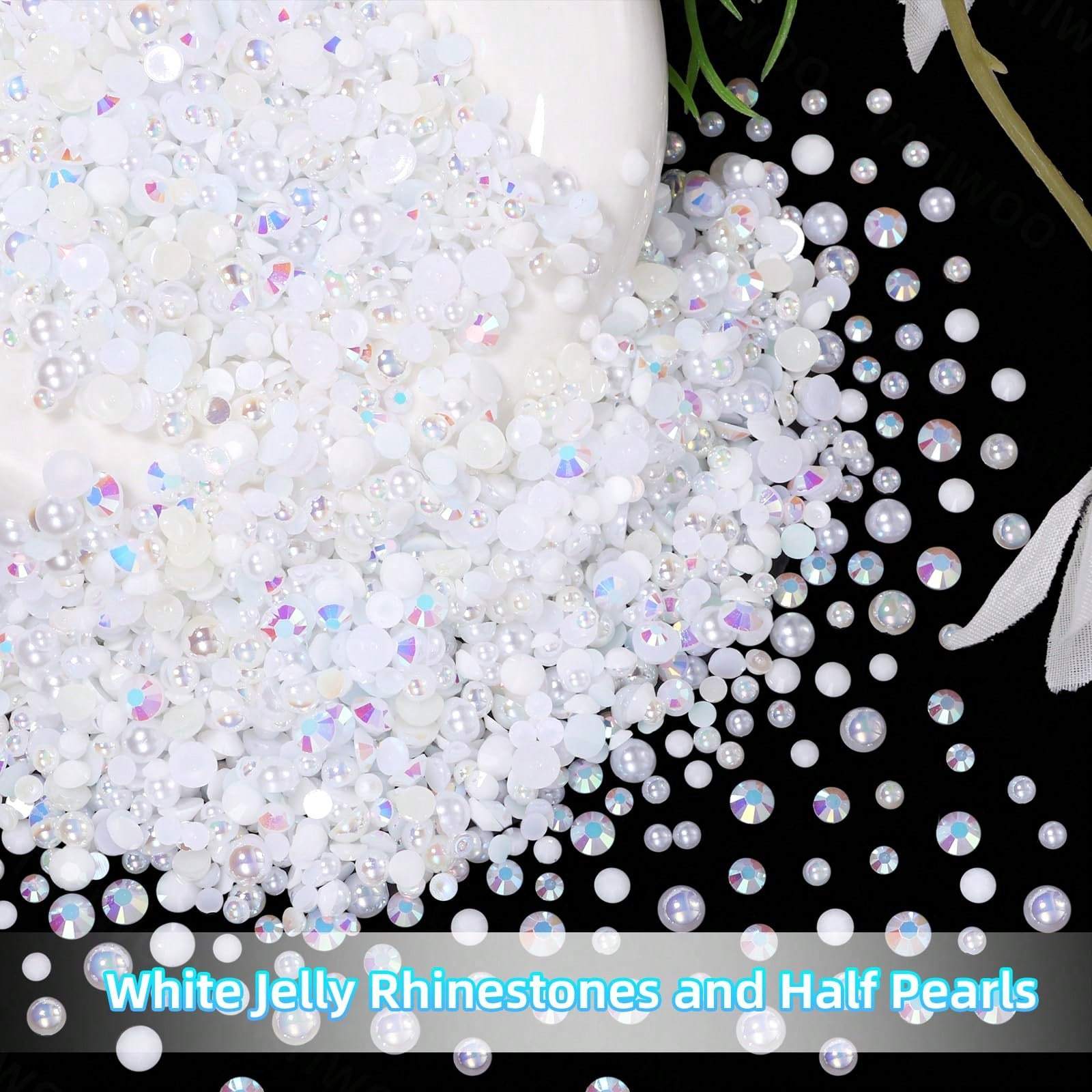 Resin Rhinestones & Half Round Pearls, White Glossy, For Nail Art Decoration & DIY Crafts, 15 Grid Box, Matching Dotting Pen and Tweezers