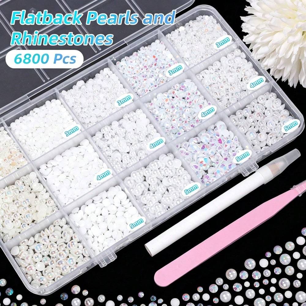 Resin Rhinestones & Half Round Pearls, White Glossy, For Nail Art Decoration & DIY Crafts, 15 Grid Box, Matching Dotting Pen and Tweezers