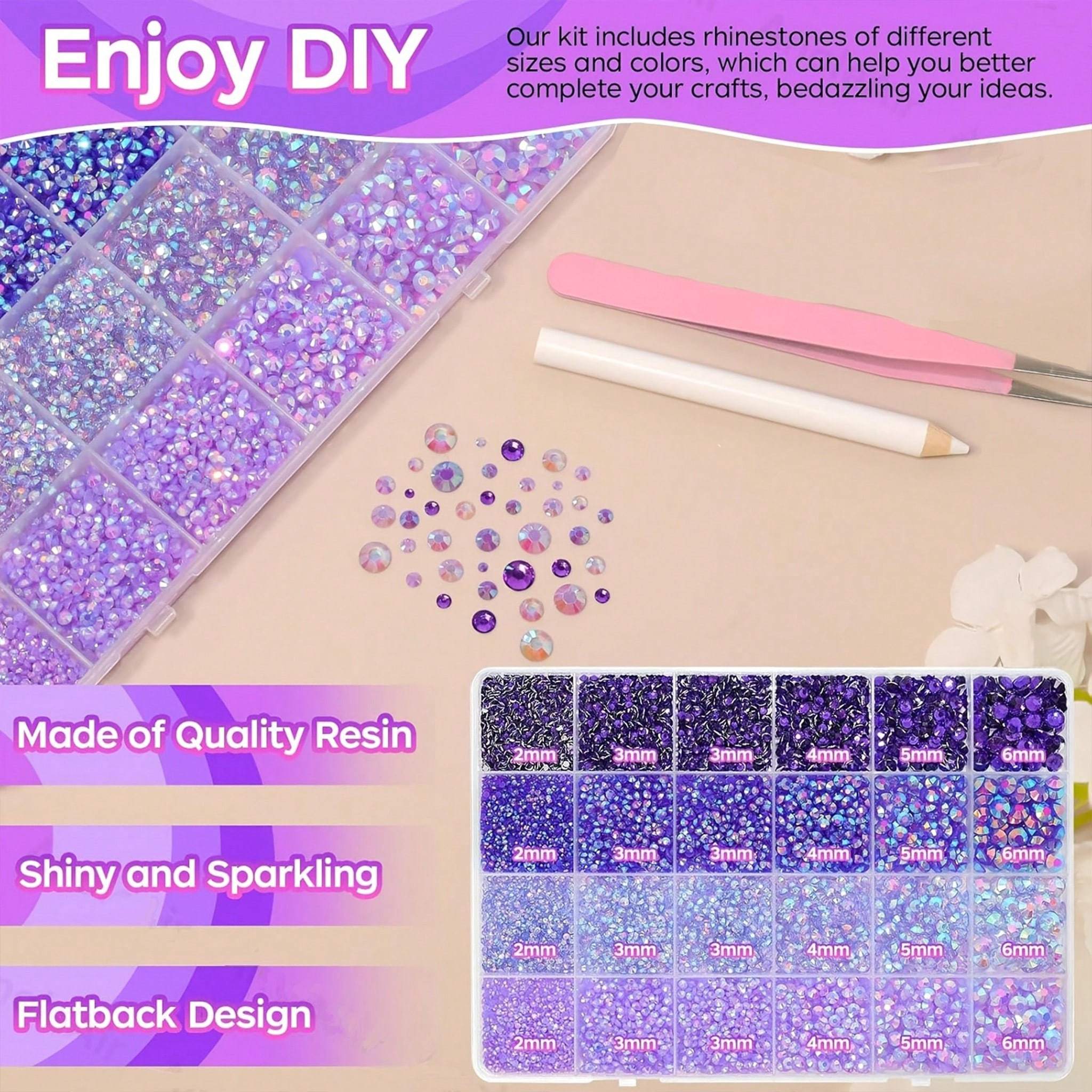 Jelly Rhinestones, Glossy, For Nail Art & DIY Craft, Purple Series, Mixed Sizes 2-6mm, 24 Grids Box