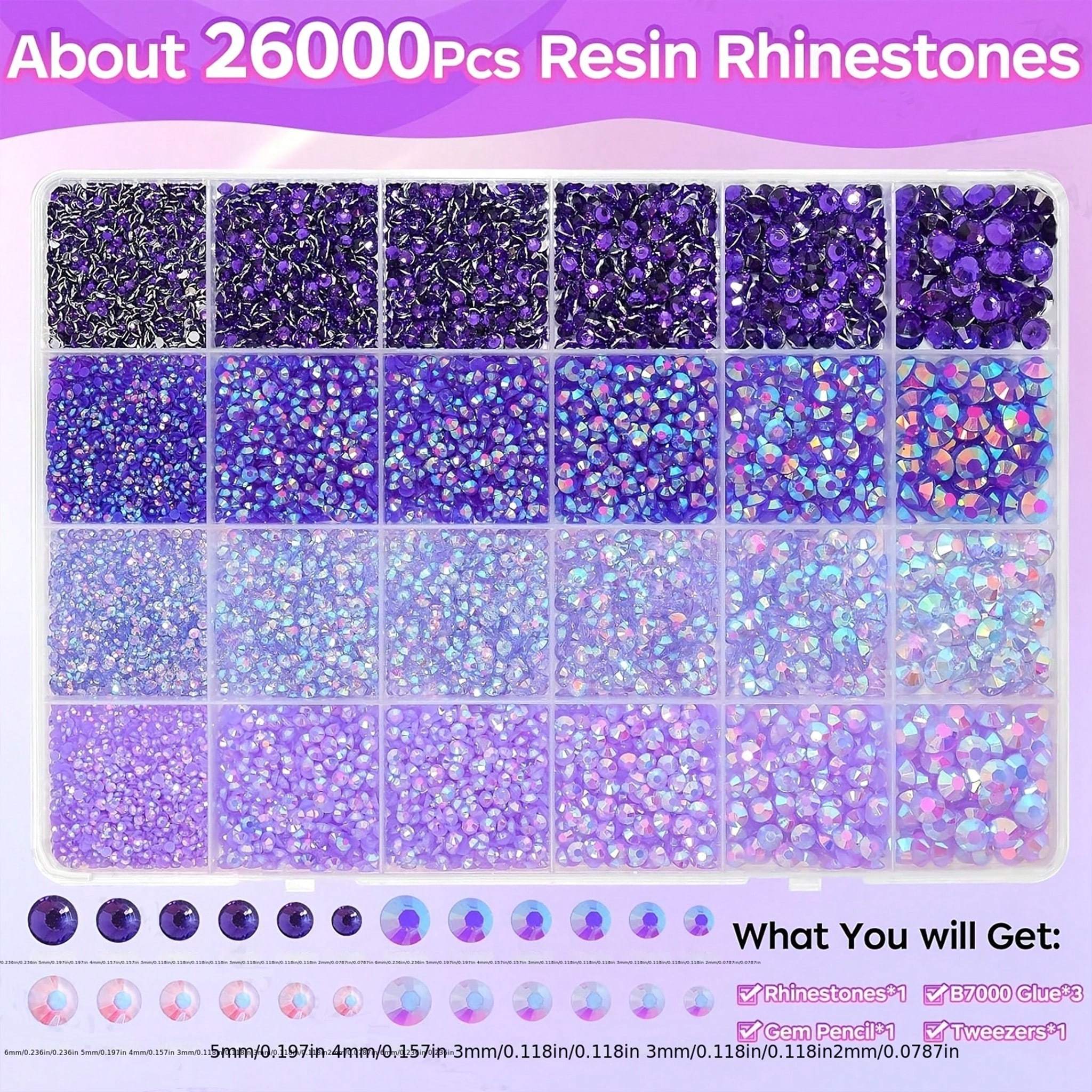 Jelly Rhinestones, Glossy, For Nail Art & DIY Craft, Purple Series, Mixed Sizes 2-6mm, 24 Grids Box
