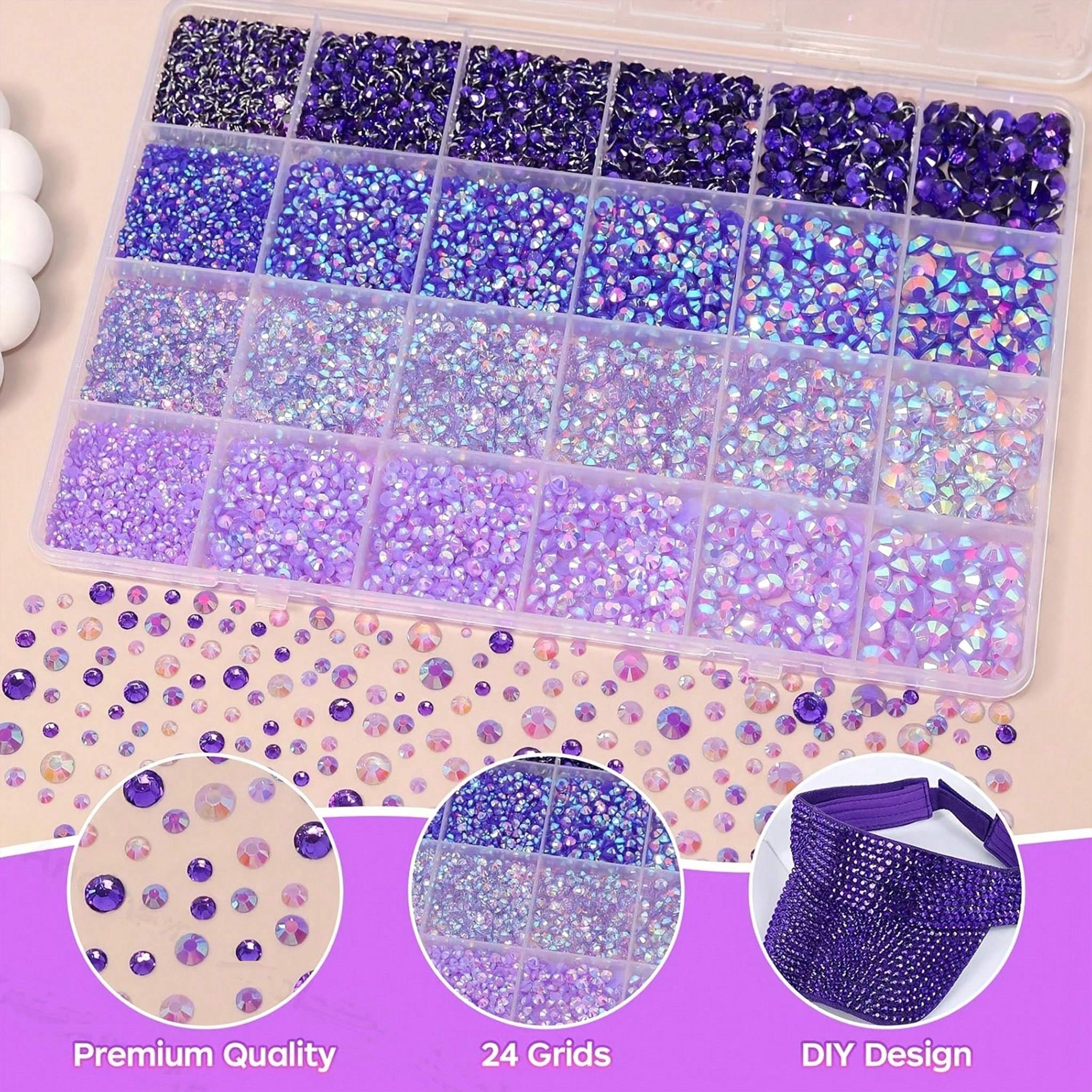Jelly Rhinestones, Glossy, For Nail Art & DIY Craft, Purple Series, Mixed Sizes 2-6mm, 24 Grids Box