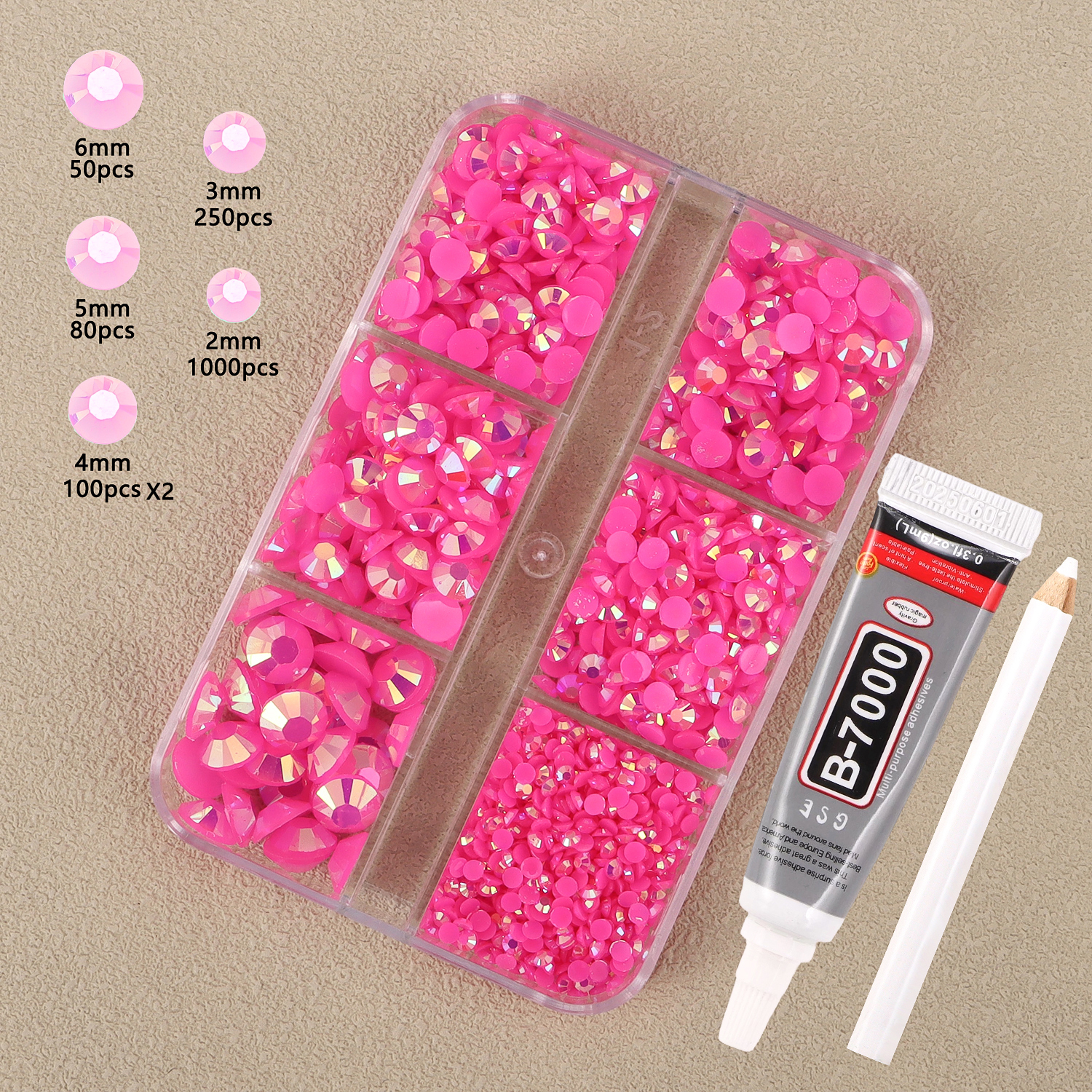 6-Grid Jelly Rhinestones Set with Rhinestone Picker Pen & Glue, for Nail Art Decoration & DIY Crafts, 9.5x8.5x1.3cm, 0.034kg