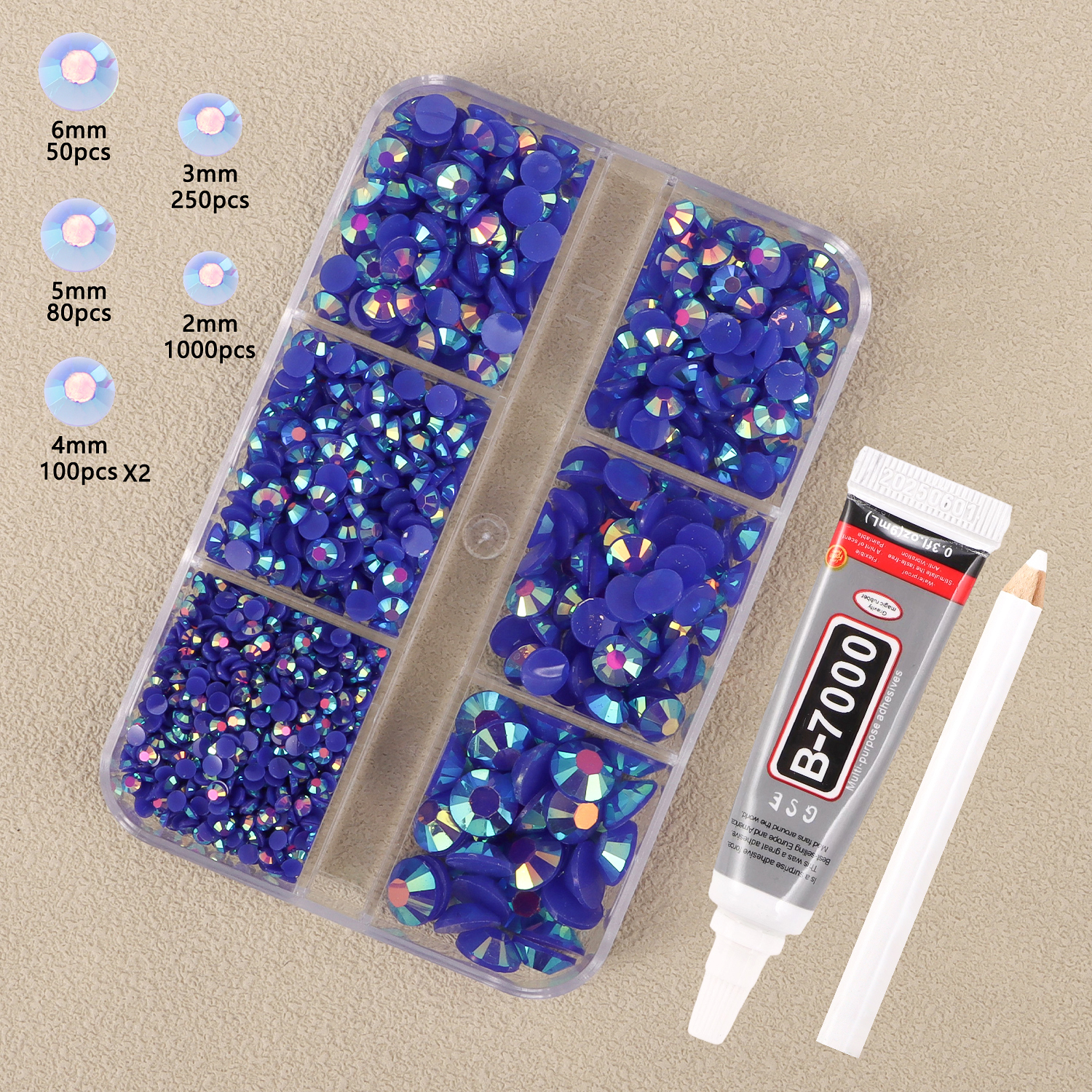 6-Grid Jelly Rhinestones Set with Rhinestone Picker Pen & Glue, for Nail Art Decoration & DIY Crafts, 9.5x8.5x1.3cm, 0.034kg