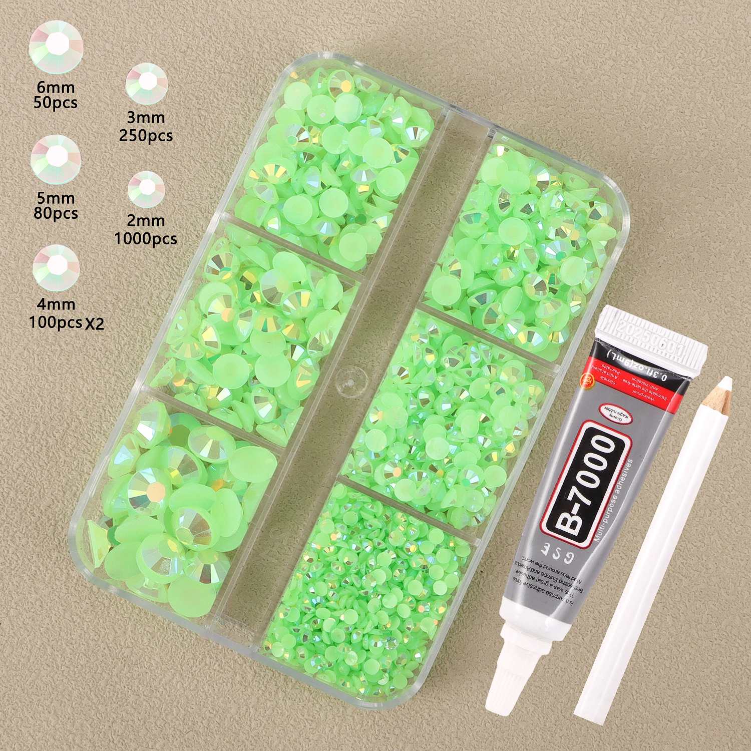 6-Grid Jelly Rhinestones Set with Rhinestone Picker Pen & Glue, for Nail Art Decoration & DIY Crafts, 9.5x8.5x1.3cm, 0.034kg
