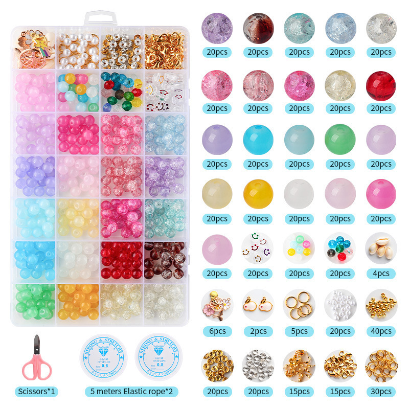 Crackle Crystal Glass Beads, Kiln‑Dried Finish, 24/28‑Grid Storage Box, DIY Beading Kit, Matching Accessories